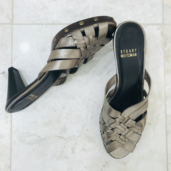 STUART WEITZMAN {7} Sandal Mule Slide-On Heel Metallic Basket Weave Stud… - Picture 7 of 9
